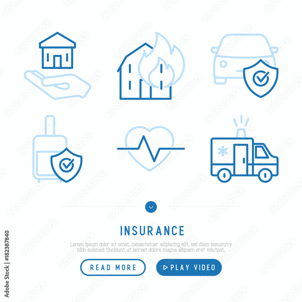 Insurance thin line icons set: health, life, car, house, luggage, savings. Modern vector illustration for banner, template of web page, print media. Insurance thin line icons set: health, life, car, house, luggage, savings. Modern vector illustration for banner, template of web page, print media.