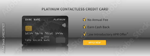 Credit card features vector illustration. Contactless bank credit (debit) card promotion creative concept. Plastic bank card with bonuses (money cashback, no annual fee) graphic design.