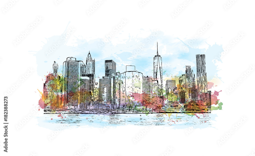Watercolor splash with hand drawn sketch of New York City skyline front ...