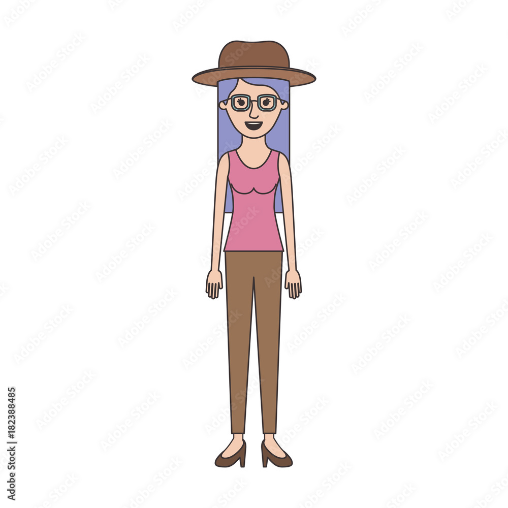 woman with hat and glasses and t-shirt sleeveless and pants and heel shoes with long straight hair in colorful silhouette vector illustration