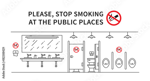 Public restroom no smoking vector illustration. Stop smoking sign at the public place line art concept.