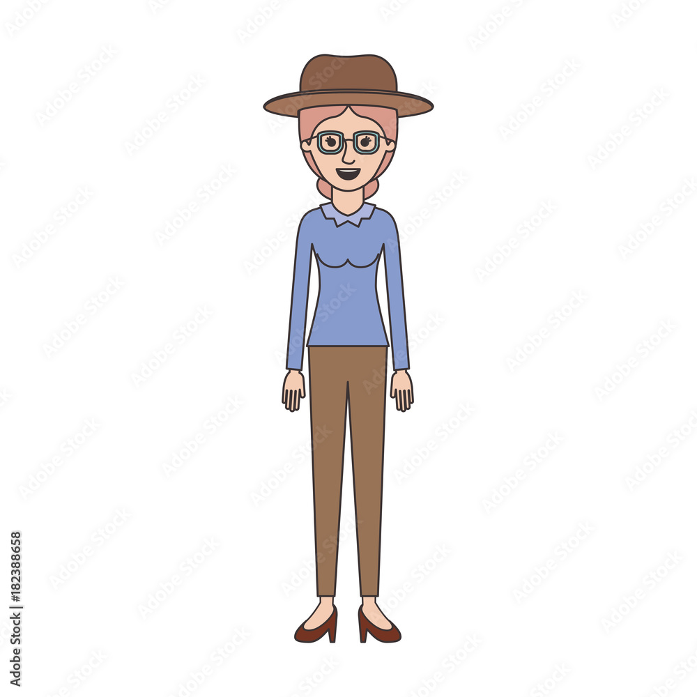 woman with hat and glasses and blouse long sleeve and pants and heel shoes with collected hair in colorful silhouette vector illustration