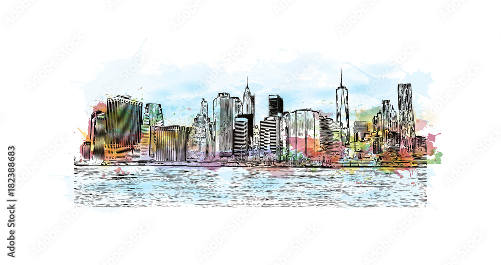 Watercolor splash with hand drawn sketch of New York City skyline front ...