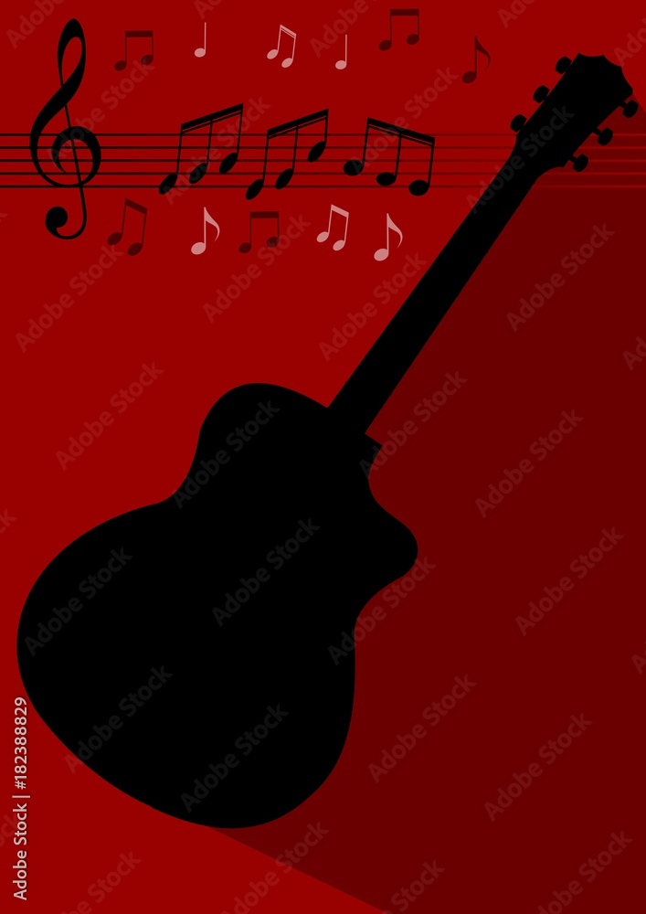 Vecteur Stock Guitar black silhouette with long shadow on dark red  background, treble clef, stave, notes. Flyer, leflet template with musical  theme | Adobe Stock