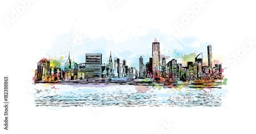 Watercolor splash with hand drawn sketch of New York City skyline front of sea water in vector illustration.