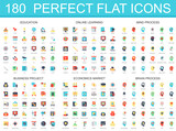 180 modern flat icon set of education, online learning, brain mind process, business project, economics market icons.