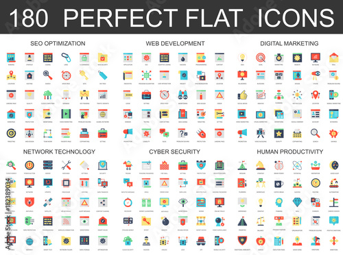 180 modern flat icons set of seo optimization, web development, digital marketing, network technology, cyber security and productivity icons.