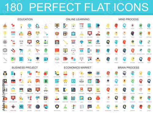 180 modern flat icon set of education  online learning  brain mind process  business project  economics market icons.