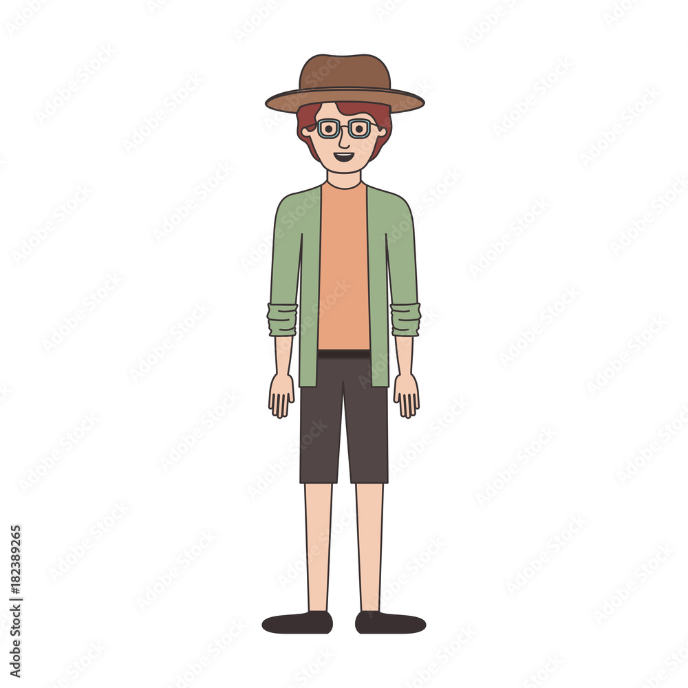 man with hat and glasses and shirt with jacket and short pants and shoes with short wavy hair in colorful silhouette vector illustration