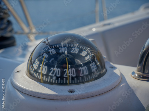 Sailing boat compass closeup.