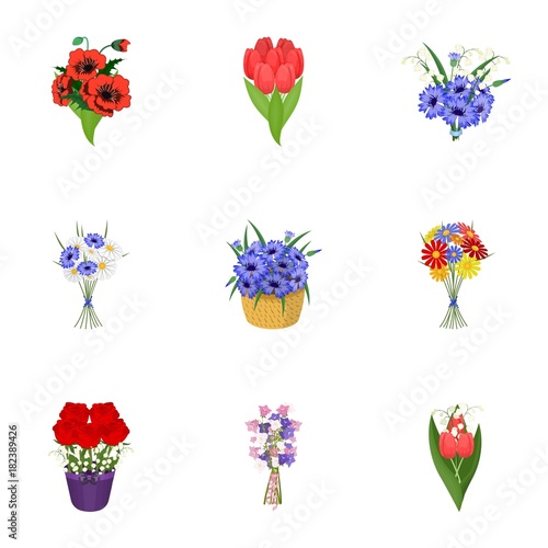 A bouquet of fresh flowers cartoon icons in set collection for design. Various bouquets vector symbol stock web illustration. photo