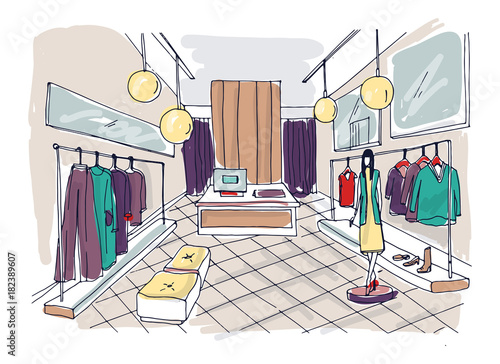 Freehand drawing of clothing boutique interior with hanging racks, furnishings, mannequin dressed in stylish clothes. Hand drawn fashion store or trendy apparel shop. Colorful vector illustration.