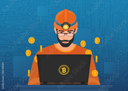 Vector illustration of young man miner in hardhat sitting at laptop and mining bitcoin cryptocurrency.