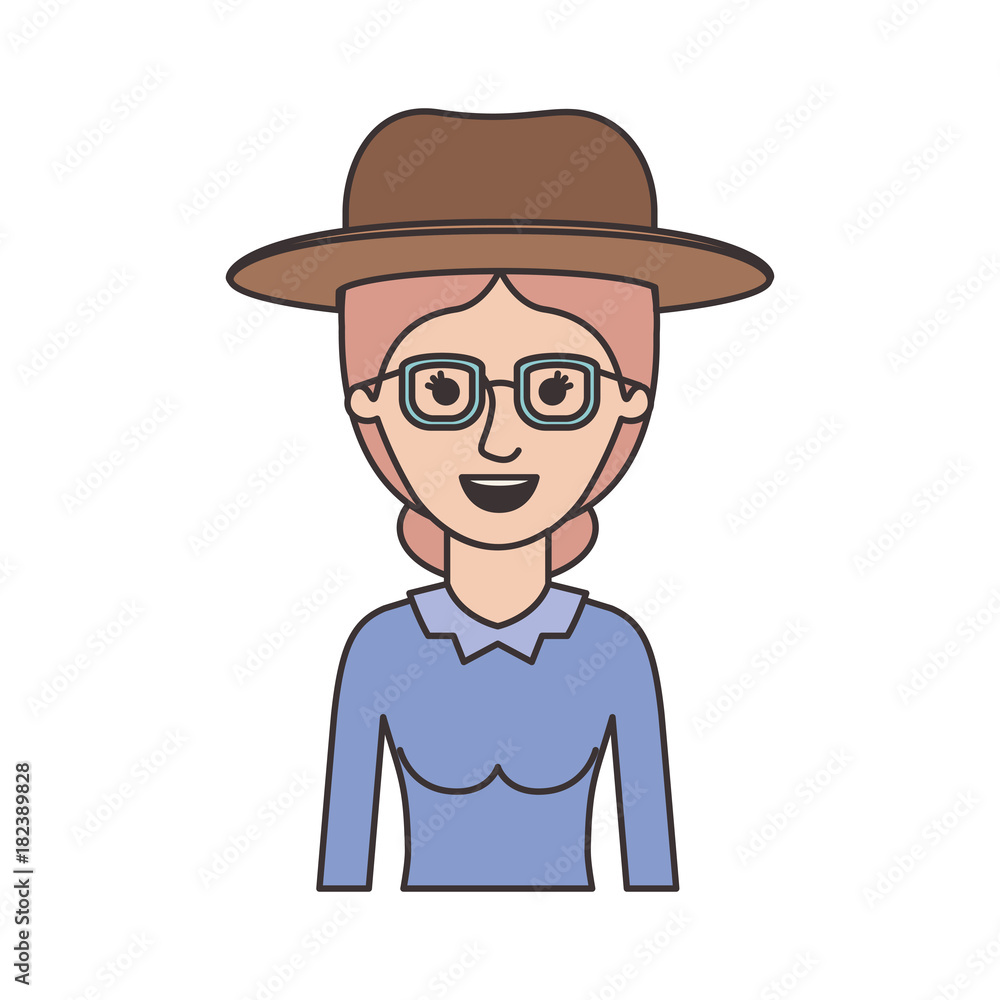 woman half body with hat and glasses and blouse long sleeve with collected hair in colorful silhouette vector illustration