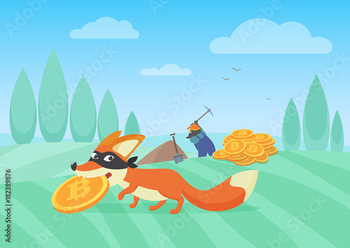 Vector illustration of cunning fox thief stealing bitcoin from hardworking miner. Bithoin money theft.