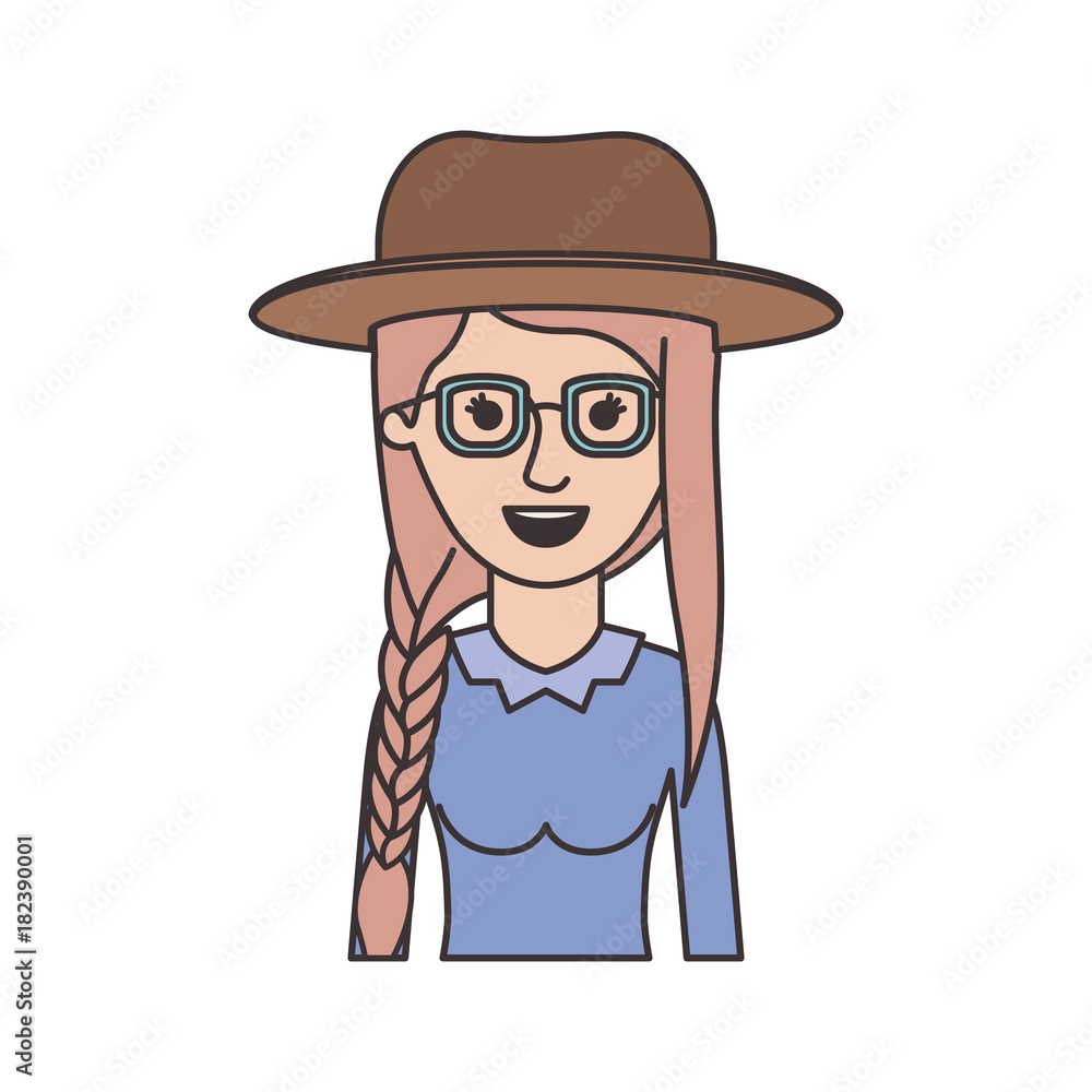 woman half body with hat and glasses and blouse long sleeve with braid and fringe hairstyle in colorful silhouette vector illustration