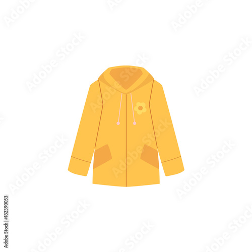 vector flat cartoon baby kid, child women yellow jacket, coat with flower print. Fashionable trendy style female clothing. Isolated illustration on a white background.