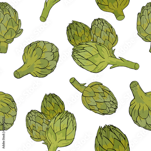 Seamless pattern with green artichoke flower buds or inflorescences hand drawn on white background. Backdrop with tasty cultivated vegetable, delicious vegan food ingredient. Vector illustration.