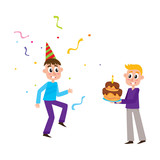 vector flatbirthday party scenes set. young man in purple shirt holding big birthday chocolate cake with candle, another boy dancing in party hat with confetti. Isolated illustration white background.