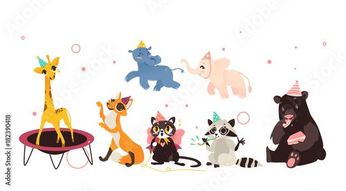 vector animals character in cartoon style, in paty hat set. Bear eating cake, fox dancing, raccoon whistling, elephant hippo running, giraffe jumping on trampoline, cat singing. Isolated illustration