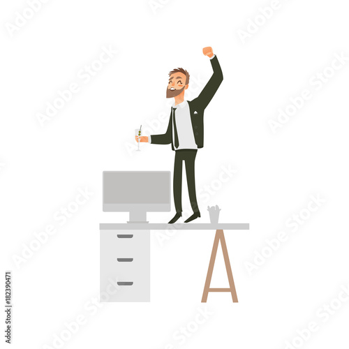 vector flat office worker man with beard in corporate clothing - jacket, suit with black necktie, character dancing at office table holding cockteil at party. Isolated illustration white background. photo