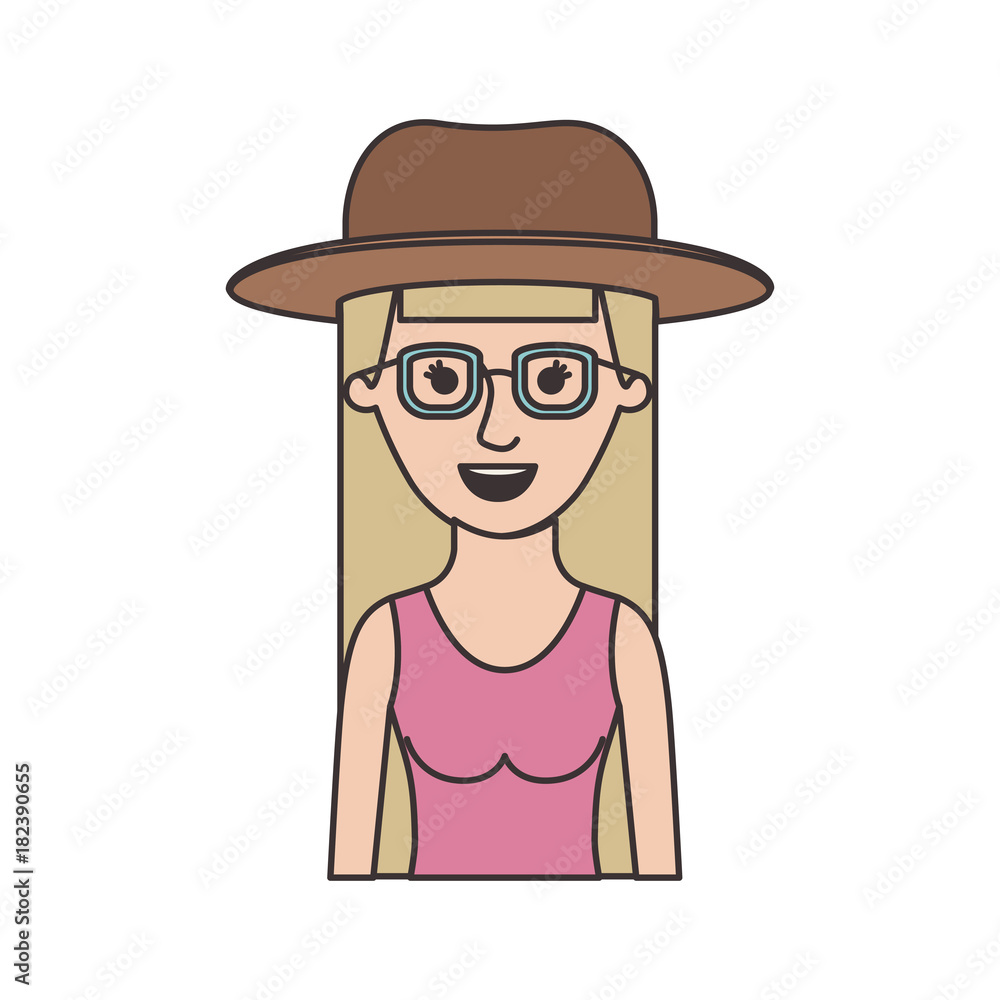 woman half body with hat and glasses and blouse sleeveless with long straight hair in colorful silhouette vector illustration