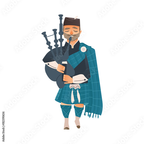 Obraz na plátně vector cartoon scotland man bagpiper in national traditional clothing holding scottish musical instrument bagpipe