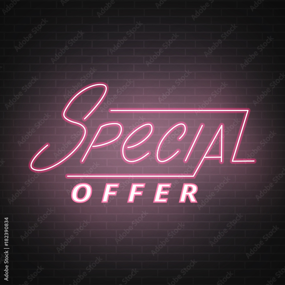 Neon Sale. Special Offer lettering script design. Neon sale sign on the brick wall