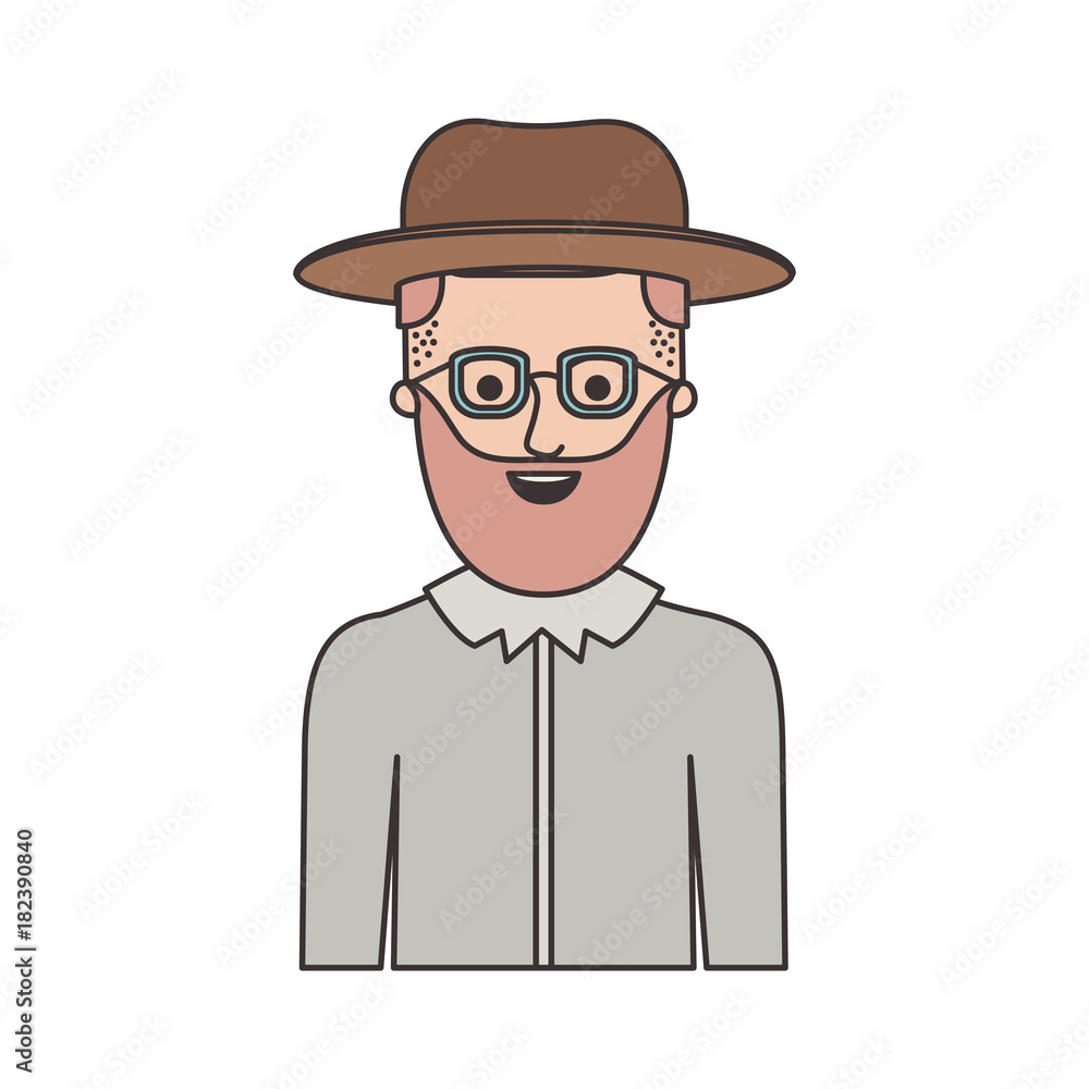 man half body with hat and glasses and shirt with short hair and beard on colorful silhouette vector illustration