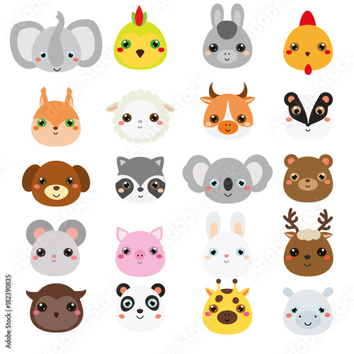 Cute animals faces. Big set of cartoon kawaii wildlife and farm animals icons