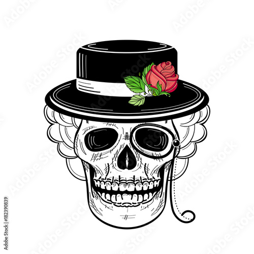 vector sketch hand drawn skull tattoo black and whte in hat with red rose with green stem and leaves and monocle. Isolated illustration on a white background.