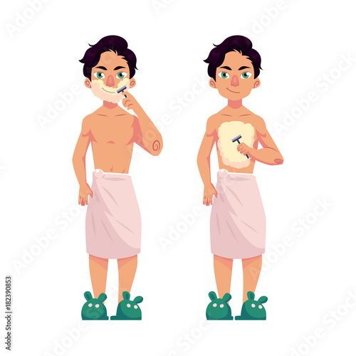 vector cartoon men half-naked with towel around waist in hair slippers removing hair. One man shaving beard, another depilating chest. Isolated illustration on a white background.