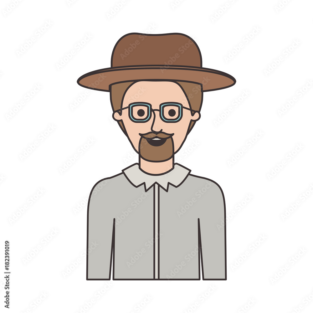 man half body with hat and glasses and shirt with short hair and goatee beard on colorful silhouette vector illustration