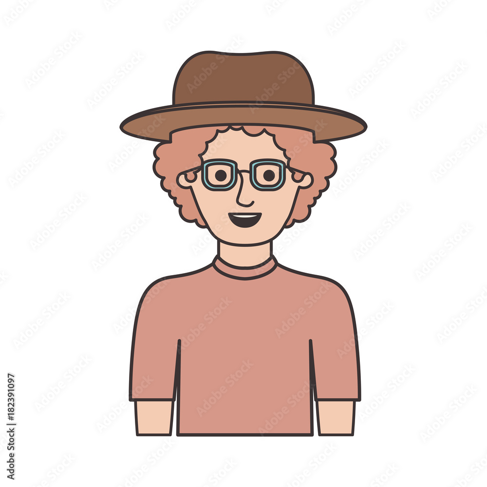 man half body with hat and glasses and t-shirt with curly hair in colorful silhouette vector illustration man half body with hat and glasses and t-shirt with curly hair in colorful silhouette vector illustration
