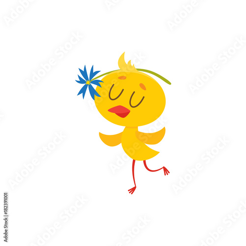 Happy cute baby chicken character with a cornflower enjoying spring, dancing, Easter icon, cartoon vector illustration on white background. Baby Easter chicken character with a flower dancing