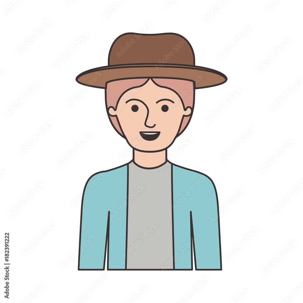 man half body with hat and jacket with short hair in colorful silhouette vector illustration