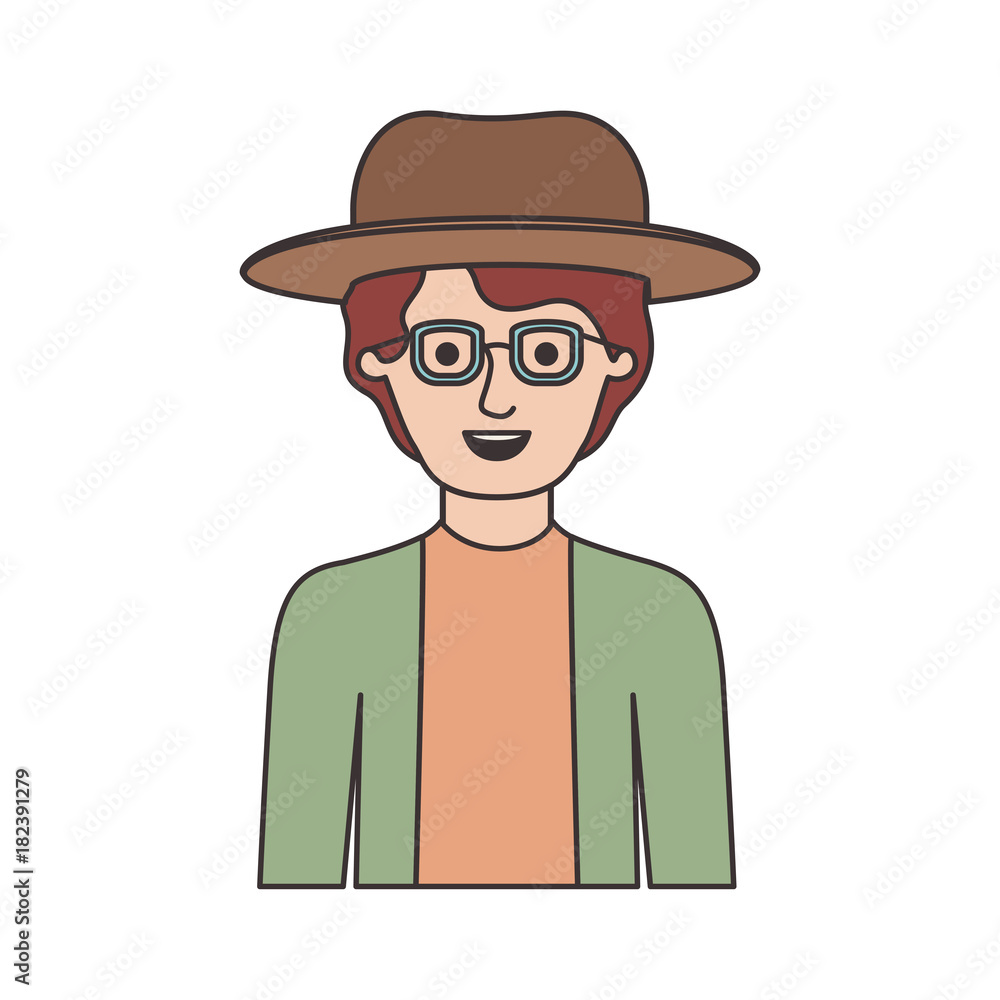 man half body with hat and glasses and shirt with jacket with short wavy hair in colorful silhouette vector illustration