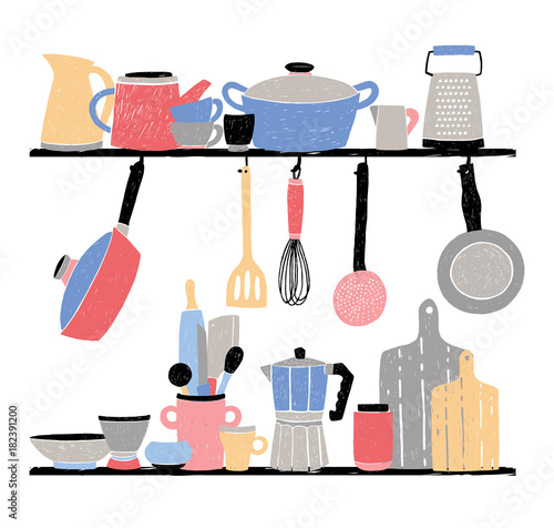 Kitchenware on shelf. Hand drawn vector illustration on white background.