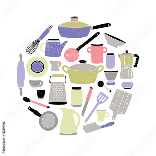Colored kitchenware set on white background. Round composition with stylized ...