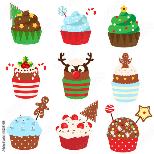 Christmas cupcakes. Sweet bakery. New Year food. Vetor icons