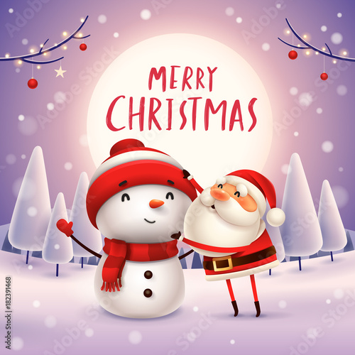 Merry Christmas! Santa Claus makes a Snowman in the moonlight. Winter landscape.