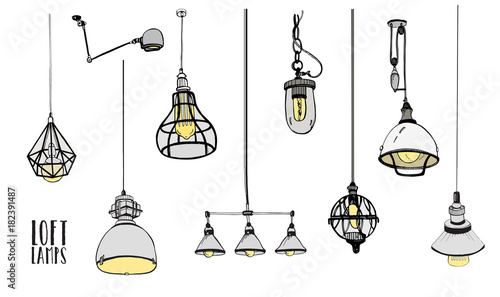 Collection of modern isolated loft lamps, vintage, retro style light bulbs. H...