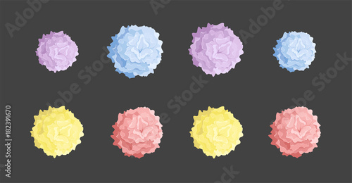Collection of colored pom poms. Colorful decorative elements isolated on black background. Vector illustration.