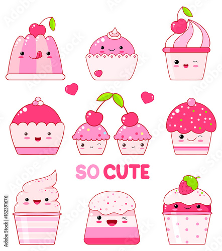 Collection of jelly, ice cream, marshmallows, cupcakes with berry