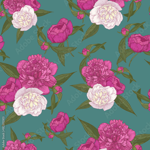 Vector floral seamless pattern with bouquets of hand drawn pink and white peonies in vintage style 