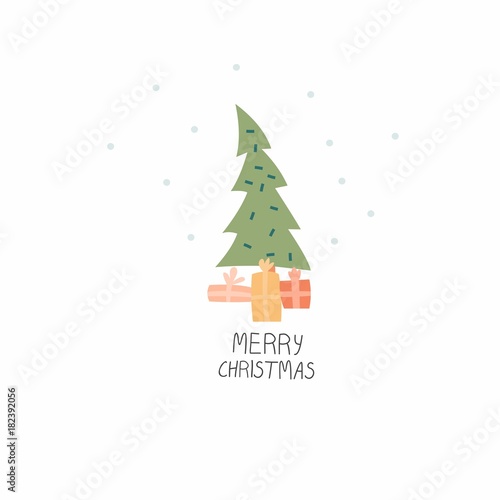 Christmas card. Christmas tree, gifts and the words "Merry Christmas". Vector illustration.