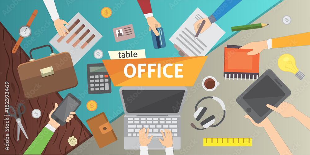 Workplace. Office table. Work in a team modern flat design. Workplace. Office table. Work in a team modern flat design.