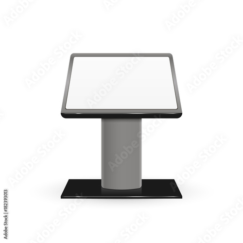 Realistic 3d Interactive Information Kiosk Terminal Stand Screen Display Console Infokiosk isolated on white background. Vector illustration.