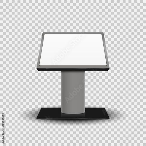 Realistic 3d Interactive Information Kiosk Terminal Stand Screen Display Console Infokiosk isolated on transparent background. Vector illustration.