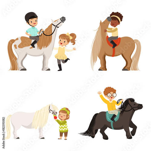 Cute little children riding ponies and taking care of their horses set, equestrian sport, vector Illustrations